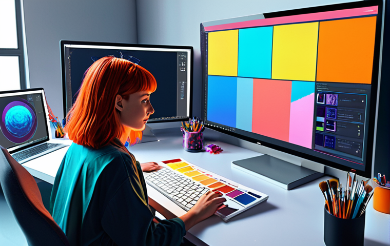 **Prompt:** A digital painting showcasing a vibrant and collaborative workspace where an artist is using an AI tool (displayed on a computer screen) as a "digital brush" to experiment with color palettes and compositions on a virtual canvas. The scene should convey a sense of creative exploration and the synergy between human artistic skill and AI assistance. Style: Modern, slightly futuristic, with bright, inspiring colors.