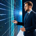 A professional prompt engineer, mid-thirties, fully clothed in a modern, modest business casual outfit. They are standing thoughtfully in a sleek, minimalist tech studio, interacting with a glowing holographic interface displaying complex artistic algorithms. The background features subtle, abstract digital art projections, emphasizing innovation and human-AI collaboration. This image conveys a sense of future creativity and technological elegance, appropriate content, safe for work, professional dress, perfect anatomy, correct proportions, natural pose, well-formed hands, proper finger count, natural body proportions, high-resolution, cinematic lighting, modest clothing.