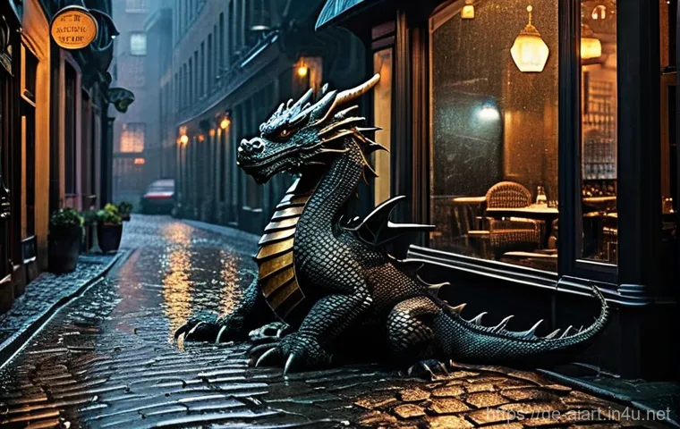 AI 예술과 디지털 조각 - **Melancholic Dragon in a Rainy Hamburg Alley**
    "A highly detailed, cinematic shot of a majestic...