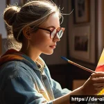 AI 예술과 인간 비교 - A passionate artist painting in a cozy, sunlit studio filled with warm colors and scattered brushes,...