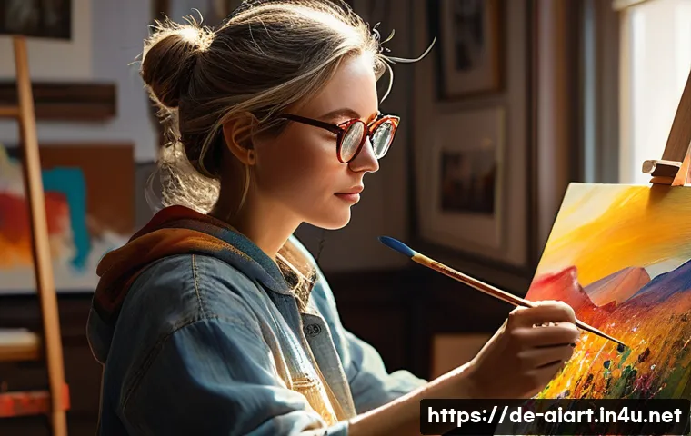 AI 예술과 인간 비교 - A passionate artist painting in a cozy, sunlit studio filled with warm colors and scattered brushes,...