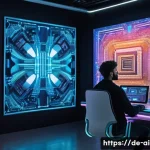 AI 예술과 레이아웃 최적화 - A futuristic digital art studio scene showcasing a collaboration between a human artist and an AI ro...