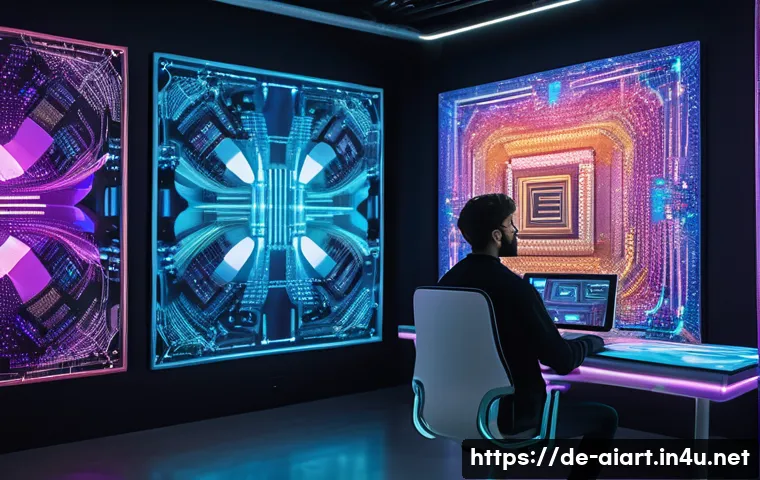 AI 예술과 레이아웃 최적화 - A futuristic digital art studio scene showcasing a collaboration between a human artist and an AI ro...