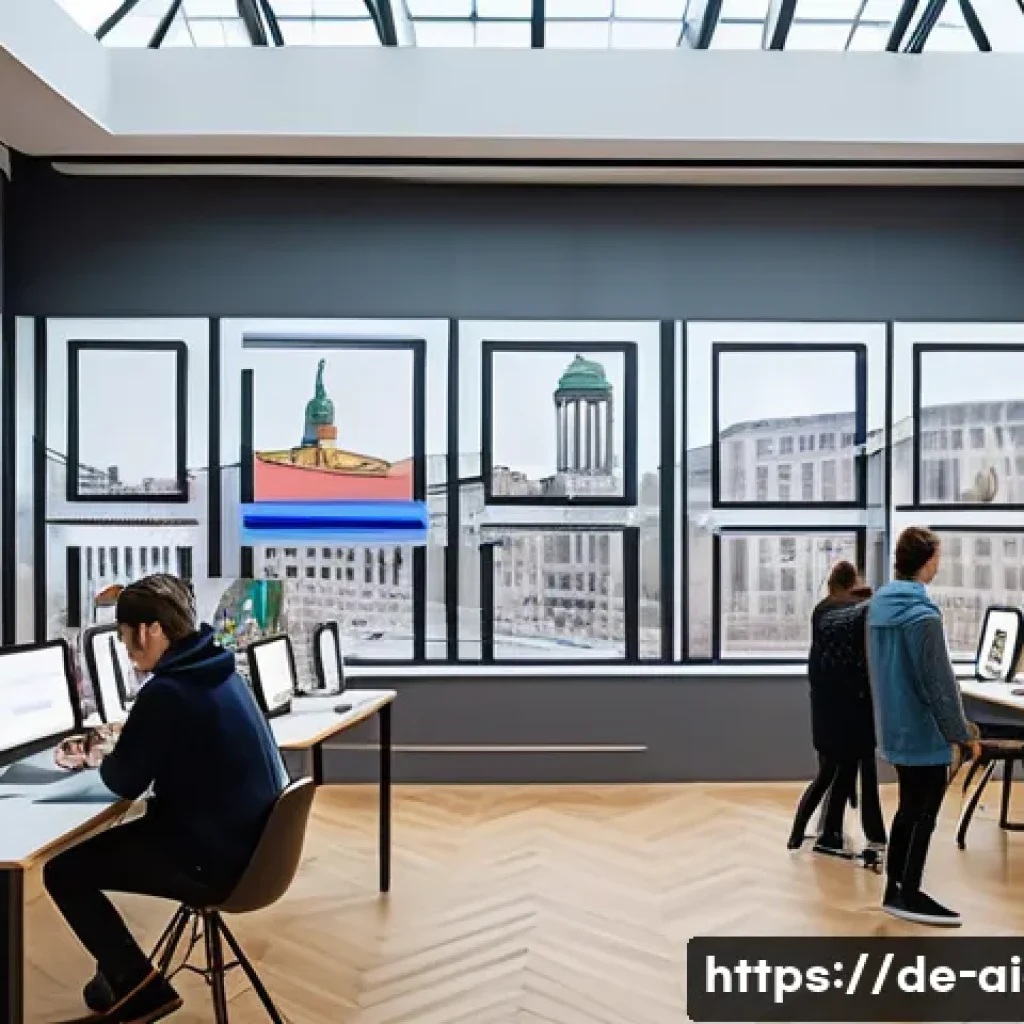 AI 예술과 과학적 시각화 - A futuristic art studio scene in Berlin where a diverse group of artists collaborates with AI-powere...