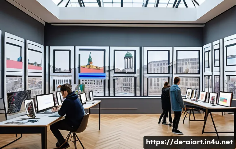 AI 예술과 과학적 시각화 - A futuristic art studio scene in Berlin where a diverse group of artists collaborates with AI-powere...