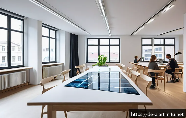 AI 예술과 건축 - A modern architectural studio interior in Berlin, showcasing a large digital touchscreen table displ...
