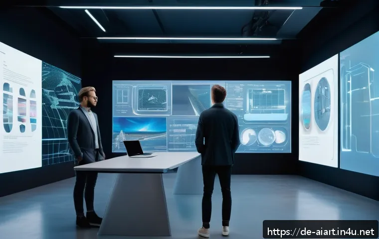AI 예술과 비주얼 스토리텔링 - A futuristic creative studio scene showcasing a diverse group of professionals collaborating with ad...