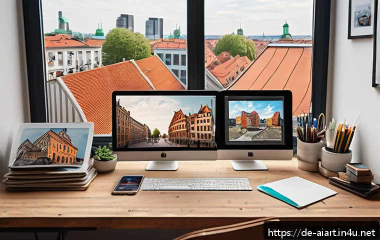 AI 예술과 디지털 페인팅 - A modern digital artist’s workspace in a cozy Berlin studio, featuring multiple high-resolution scre...