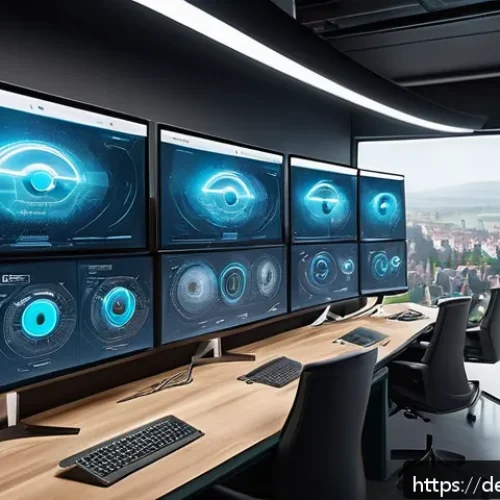 AI 예술과 게임 디자인 - A futuristic game development studio scene showcasing AI-driven automated art production: multiple d...
