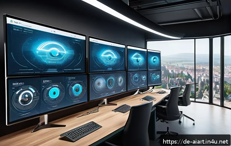 AI 예술과 게임 디자인 - A futuristic game development studio scene showcasing AI-driven automated art production: multiple d...