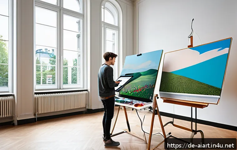 AI 예술과 스타일 학습 - A modern digital artist’s studio in Berlin, featuring a young adult wearing casual, stylish clothes ...