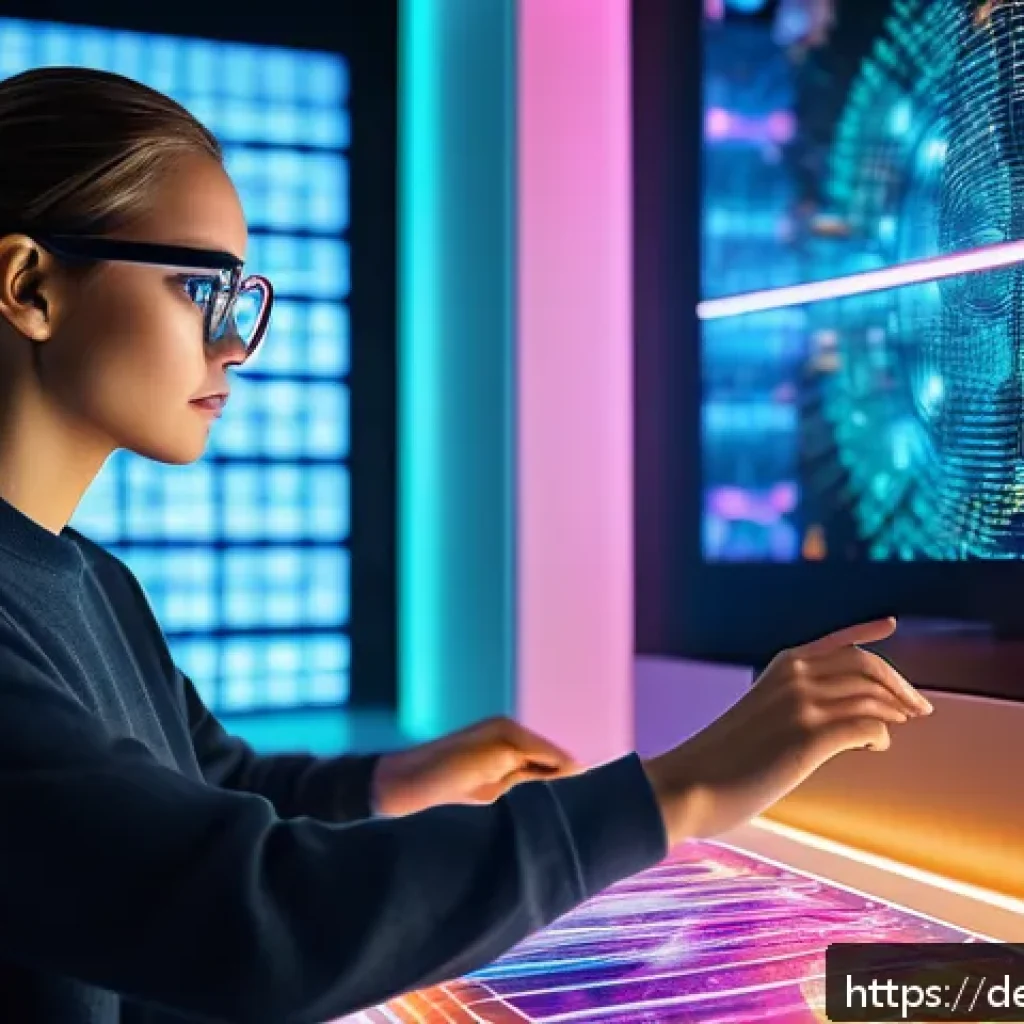 AI 예술과 데이터 분석 - A futuristic digital art studio scene showing an artist collaborating with an advanced AI system, su...