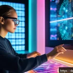 AI 예술과 데이터 분석 - A futuristic digital art studio scene showing an artist collaborating with an advanced AI system, su...