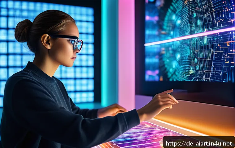 AI 예술과 데이터 분석 - A futuristic digital art studio scene showing an artist collaborating with an advanced AI system, su...