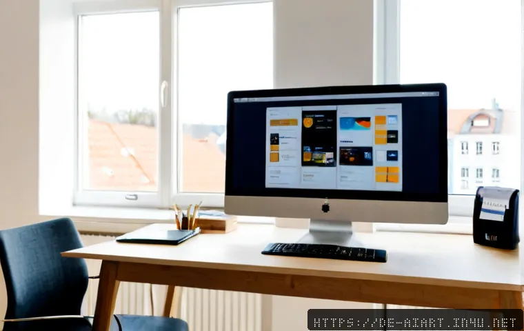 AI 아트 유료 툴 - Photorealistic modern German home office, a middle-aged creative professional comparing two AI art s...