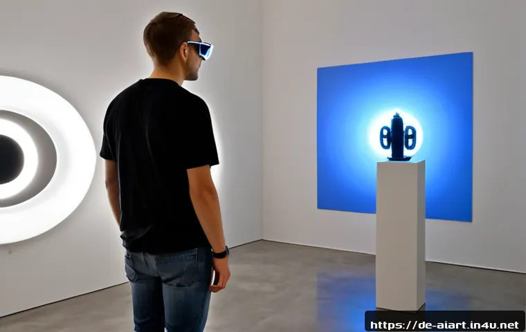 AI 예술과 AR 아트 - Photorealistic contemporary art gallery in Berlin, an adult visitor wearing casual European streetwe...